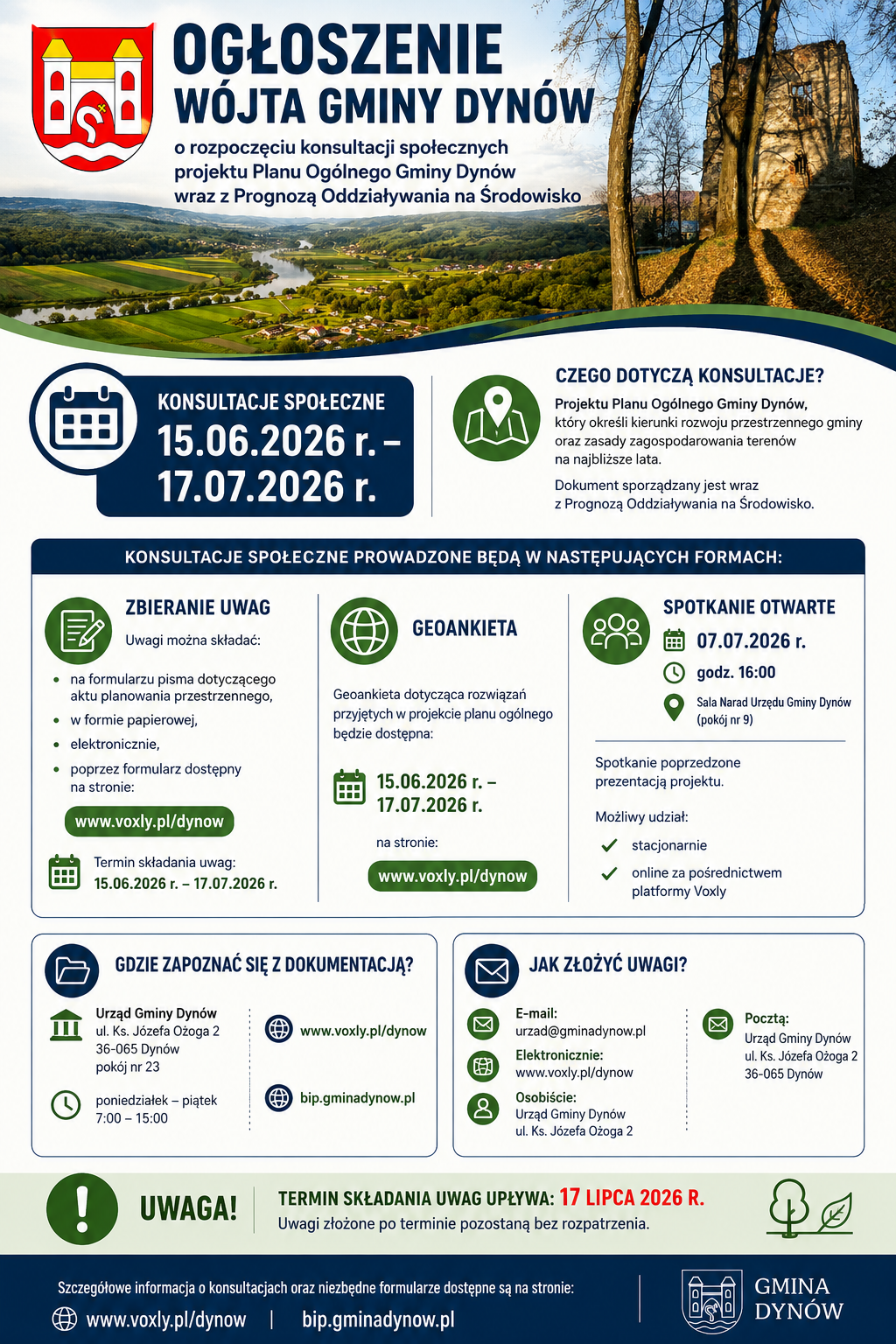 OGŁOSZENIE WÓJTA GMINY DYNÓW o rozpoczęciu konsultacji społecznych planu ogólnego Gminy Dynów wraz z prognozą oddziaływania na środowisko