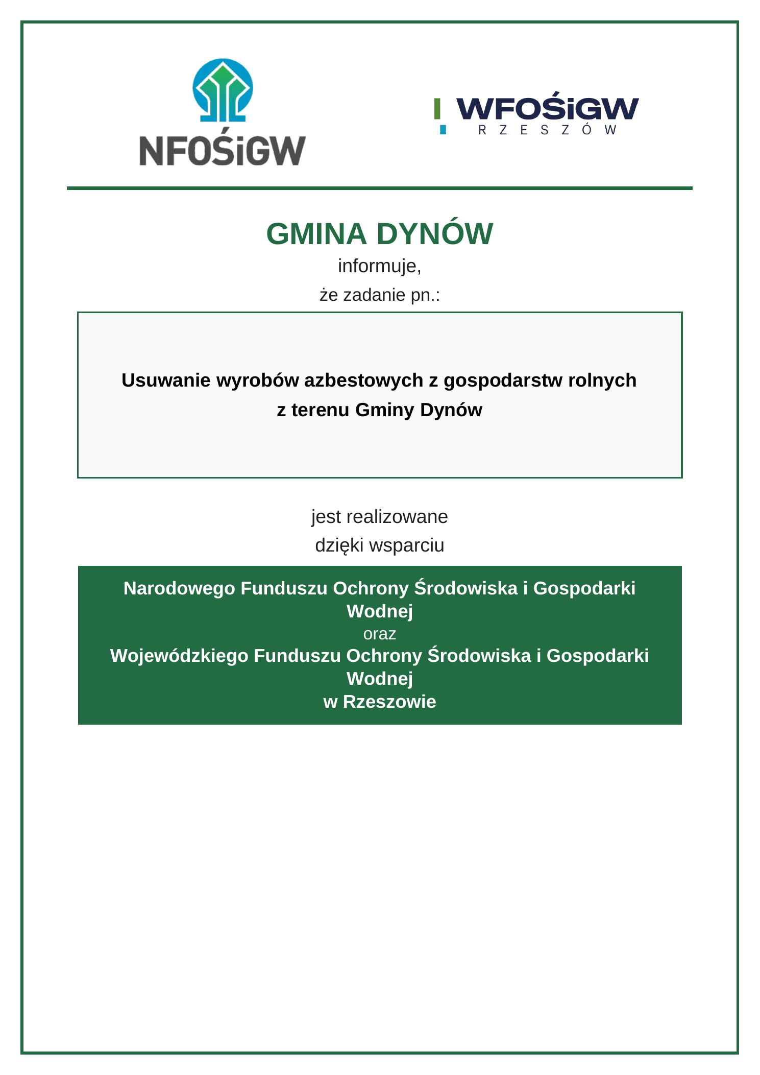 Usuwanie wyrobów azbestowych z gospodarstw rolnych z terenu Gminy Dynów