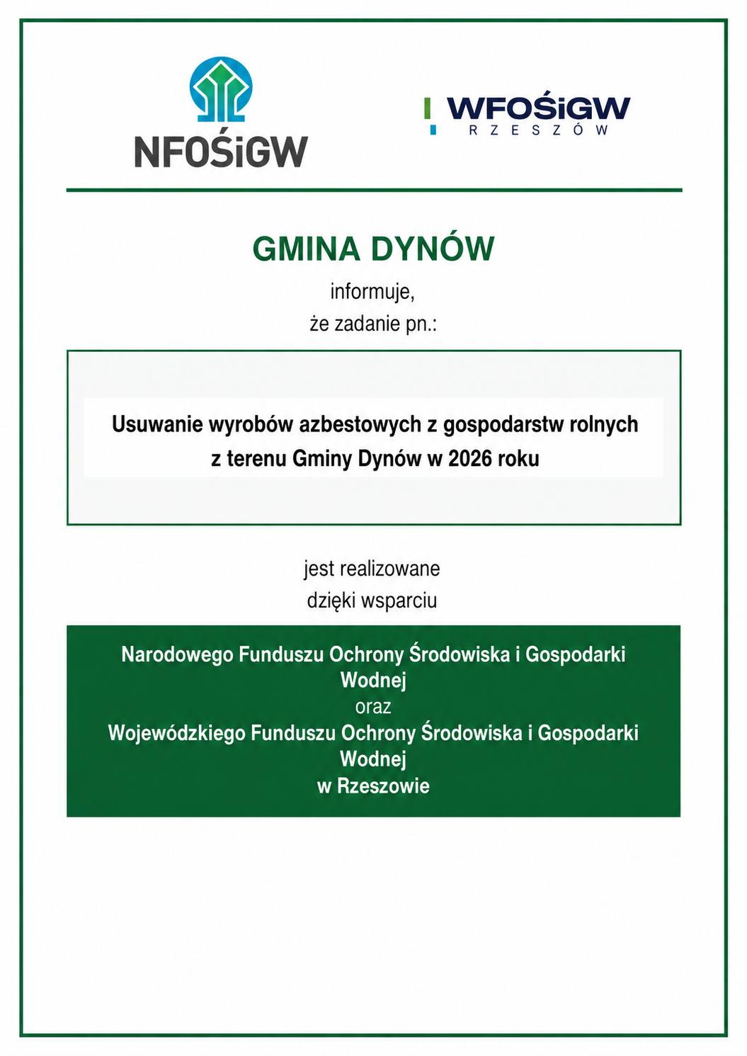 Usuwanie wyrobów azbestowych z gospodarstw rolnych z terenu Gminy Dynów w 2026 roku