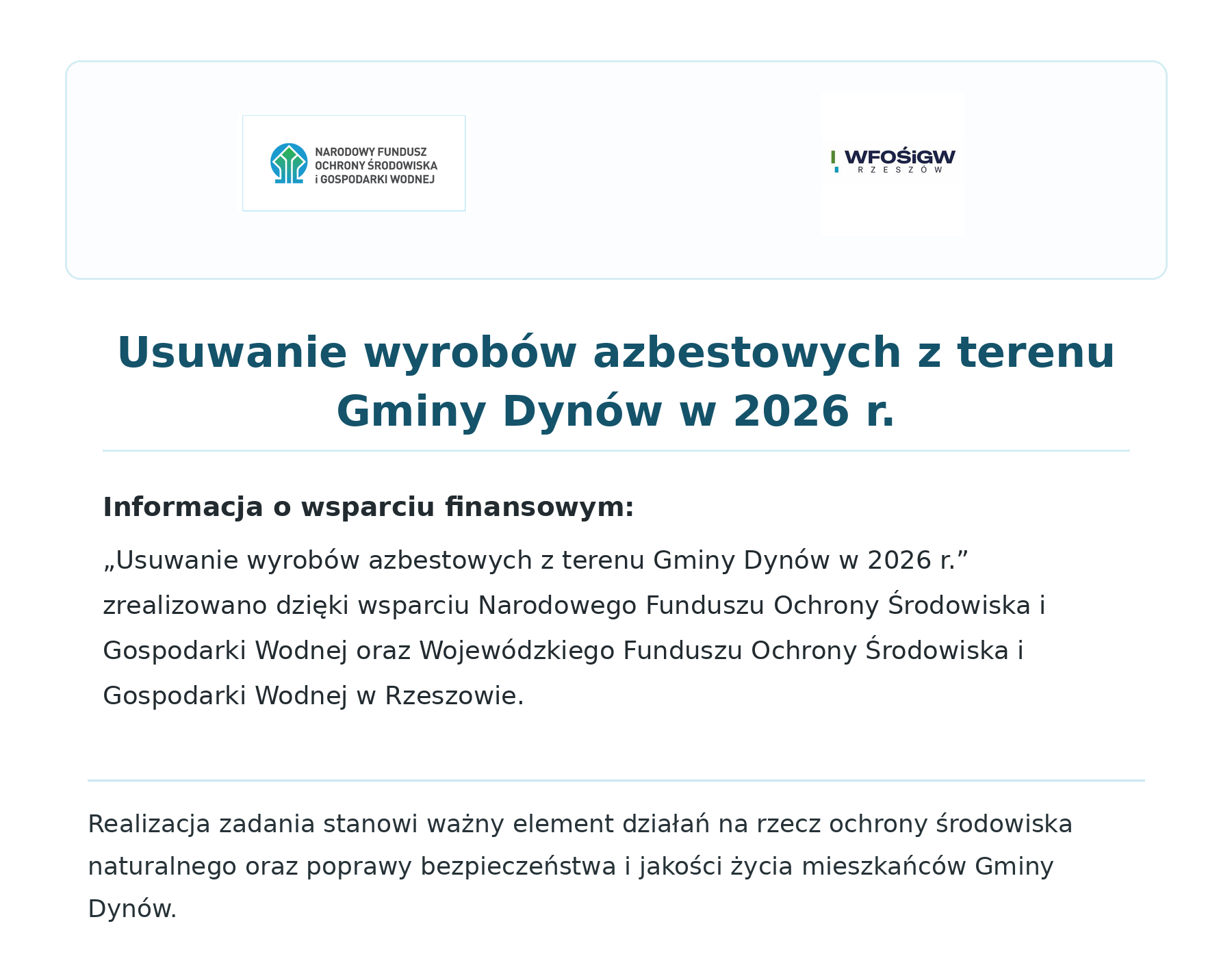 Usuwanie wyrobów azbestowych z terenu Gminy Dynów w 2026r.